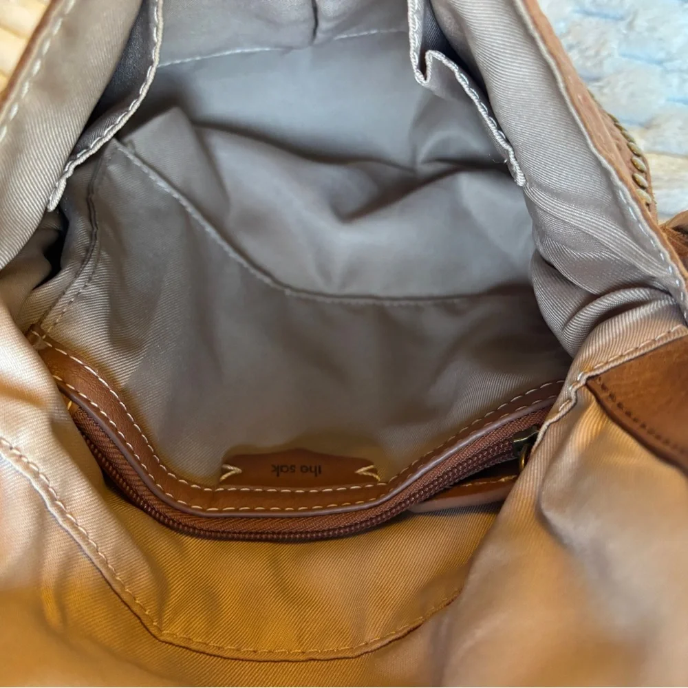 The Sak Silverlake Tan Brown Embossed Leather Crossbody Flap Brass Studs